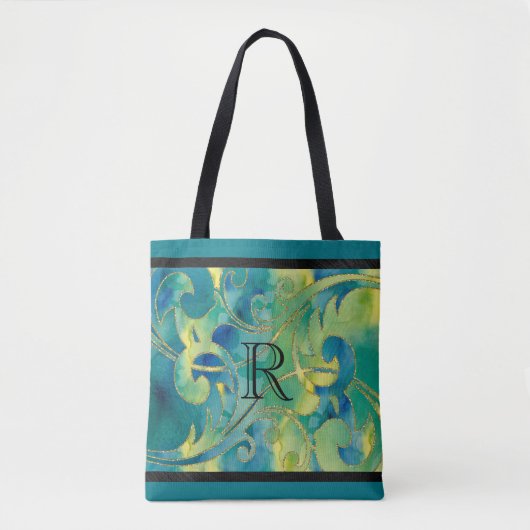 Waterverf Green Blue Glitter Design Initiaal Tote Bag (Voorkant)