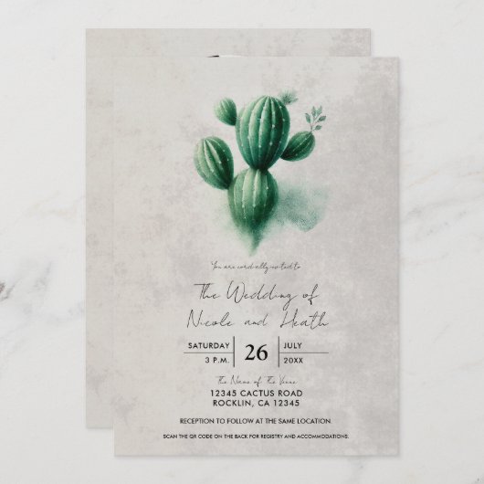 Waterverf Green Cactus Grey Southwest Wedding Kaart (Voorkant / Achterkant)