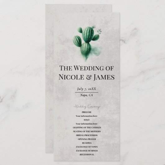 Waterverf Green Cactus Stone Grey Wedding Programm Menu (Voorkant / Achterkant)