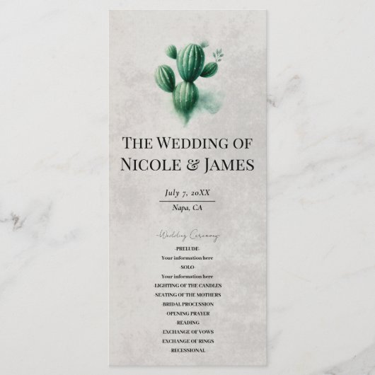 Waterverf Green Cactus Stone Grey Wedding Programm Menu (Voorkant)