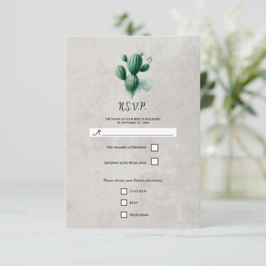 Waterverf Green Cactus Stone Grey Wedding RSVP (Staand voorkant)