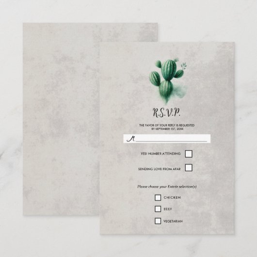Waterverf Green Cactus Stone Grey Wedding RSVP Kaartje (Voorkant / Achterkant)