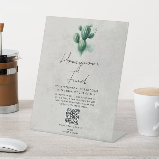 Waterverf Green Cactus Wedding Honeymoon Fund Reclamebord Met Voetstuk (Insitu)