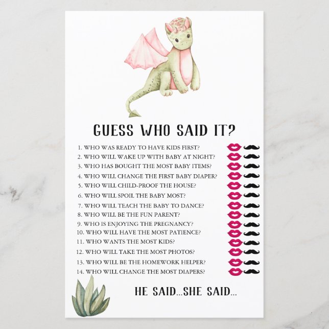 Waterverf Green Dragon raad wie zei Baby spel (Voorkant)