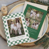 Waterverf Green en Cream Gingham Kerstfoto Feestdagenkaart