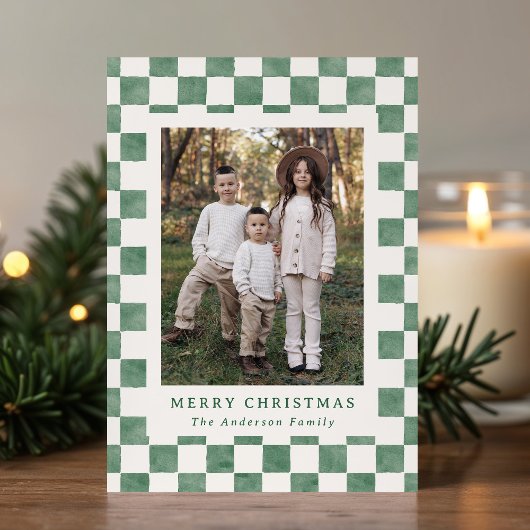 Waterverf Green en Cream Gingham Kerstfoto Feestdagenkaart