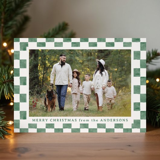 Waterverf Green en Cream Gingham Kerstfoto Feestdagenkaart