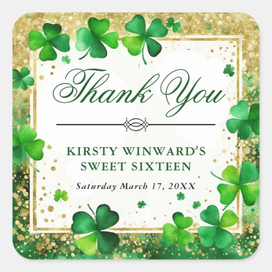 Waterverf Green en Gold Shamrock Sweet Sixteen Vierkante Sticker (Voorkant)
