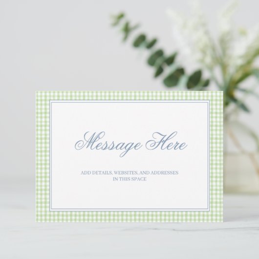 Waterverf Green en White Gingham Wedding Informatiekaartje (Staand voorkant)