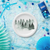 Waterverf Green en White Trees Woodland Rustic Papieren Bordje (Feest)