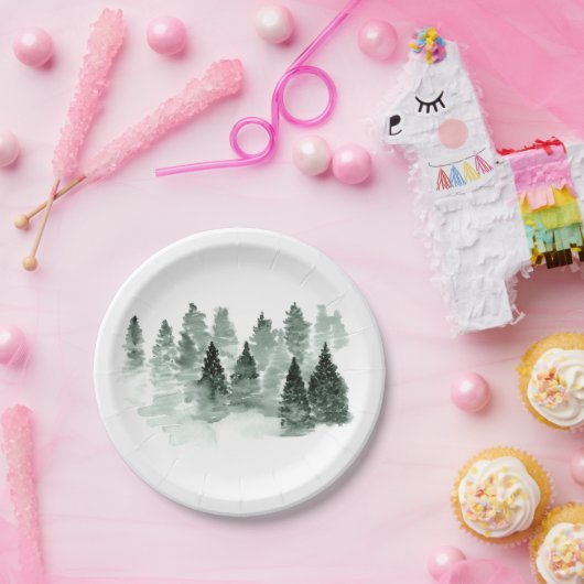 Waterverf Green en White Trees Woodland Rustic Papieren Bordje (Feest)