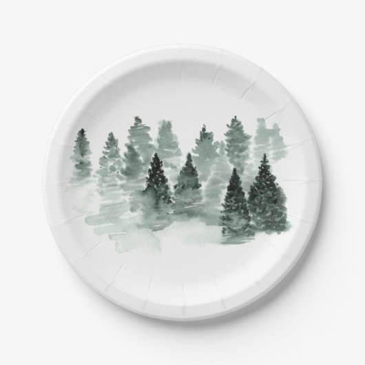 Waterverf Green en White Trees Woodland Rustic Papieren Bordje (Voorkant)