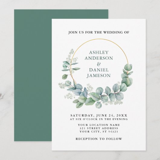 Waterverf Green Eucalyptus Gold Wedding Kaart (Voorkant / Achterkant)