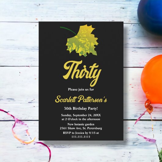 Waterverf Green Fall Leaves Zwart 30e Verjaardag Kaart