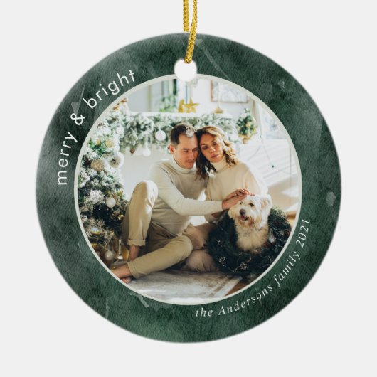 Waterverf Green Family Foto | Merry en Bright C Keramisch Ornament (Voorkant)
