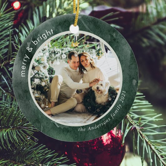 Waterverf Green Family Foto | Merry en Bright C Keramisch Ornament