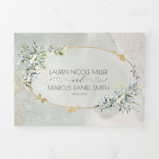 Waterverf Green Floral Gold Oval Lijst Drieluik Uitnodiging (Cover)