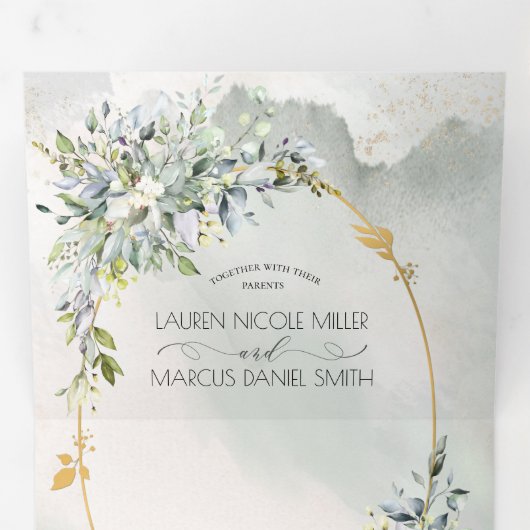 Waterverf Green Floral Gold Oval Lijst Drieluik Uitnodiging (Binnenzijde eerst)