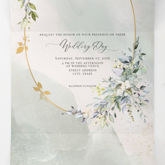 Waterverf Green Floral Gold Oval Lijst Drieluik Uitnodiging (Binnenkant midden)