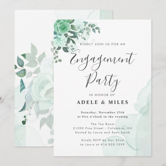 Waterverf Green Flowers Engagement Party Kaart (Voorkant / Achterkant)