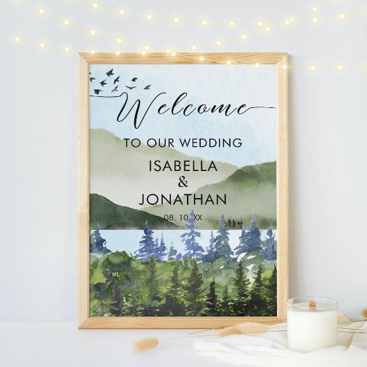 Waterverf Green Forest Mountain bruiloft welkom Poster