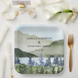 Waterverf Green Forest Mountain buitenshuis bruilo Papieren Bordje