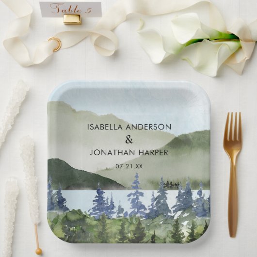 Waterverf Green Forest Mountain buitenshuis bruilo Papieren Bordje (Huwelijk)