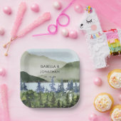 Waterverf Green Forest Mountain buitenshuis bruilo Papieren Bordje (Feest)