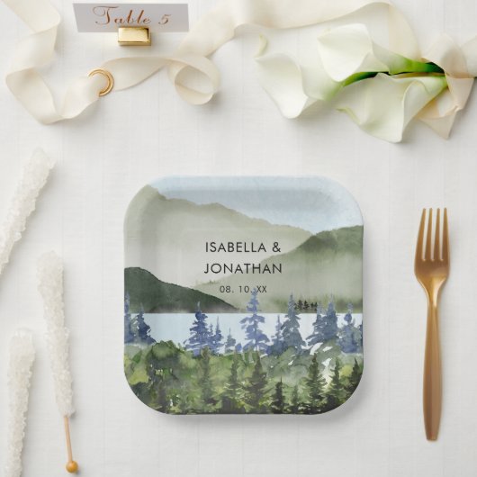 Waterverf Green Forest Mountain buitenshuis bruilo Papieren Bordje (Huwelijk)