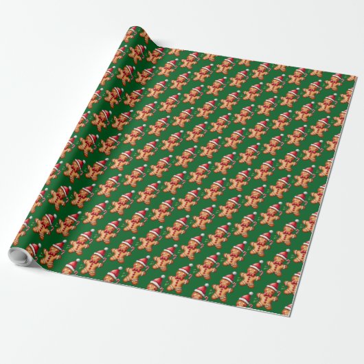 Waterverf Green Gingerbread Man Pattern Christmas Cadeaupapier (Uitgerold)