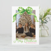 Waterverf Green Gingham Bow Kerstfoto Feestdagenkaart (Staand voorkant)