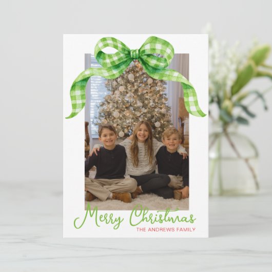 Waterverf Green Gingham Bow Kerstfoto Feestdagenkaart (Staand voorkant)