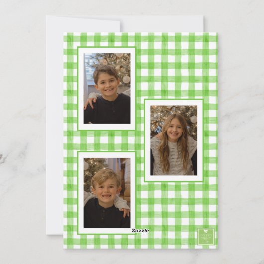 Waterverf Green Gingham Bow Kerstfoto Feestdagenkaart (Achterkant)