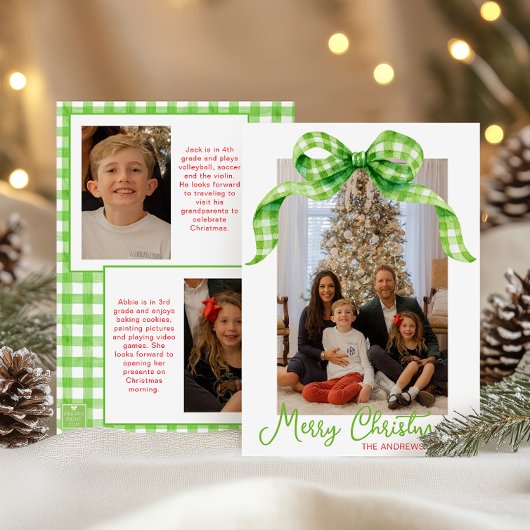 Waterverf Green Gingham Bow Kerstfoto Feestdagenkaart