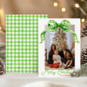 Waterverf Green Gingham Bow Kerstfoto Feestdagenkaart