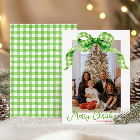 Waterverf Green Gingham Bow Kerstfoto Feestdagenkaart