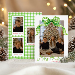 Waterverf Green Gingham Bow Kerstfoto Feestdagenkaart