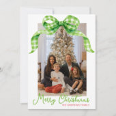 Waterverf Green Gingham Bow Kerstfoto Feestdagenkaart (Voorkant)