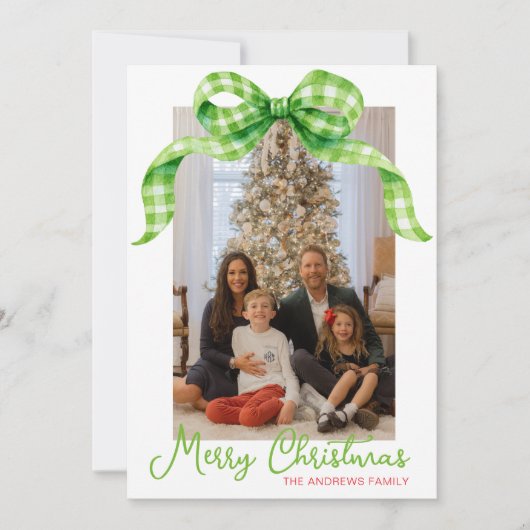 Waterverf Green Gingham Bow Kerstfoto Feestdagenkaart (Voorkant)