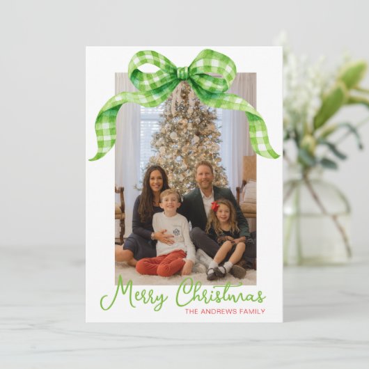 Waterverf Green Gingham Bow Kerstfoto Feestdagenkaart (Staand voorkant)