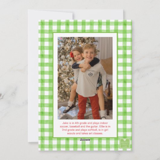 Waterverf Green Gingham Bow Kerstfoto Feestdagenkaart (Achterkant)