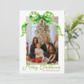 Waterverf Green Gingham Bow Kerstfoto Feestdagenkaart (Staand voorkant)