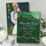Waterverf Green Gold Marble Agate Geode Foto Save The Date<br><div class="desc">Moderne elegante Waterverf Emerald Green en Gold Marble Agate Geode Save the Date Kaart - Foto terug</div>