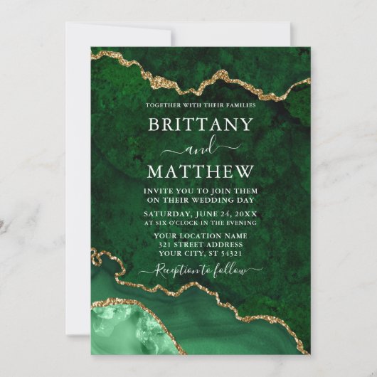 Waterverf Green Gold Marble Geode Agate Wedding Kaart (Voorkant)