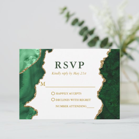 Waterverf Green Gold Marble Geode Agate Wedding RSVP Kaartje (Staand voorkant)