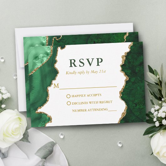 Waterverf Green Gold Marble Geode Agate Wedding RSVP Kaartje