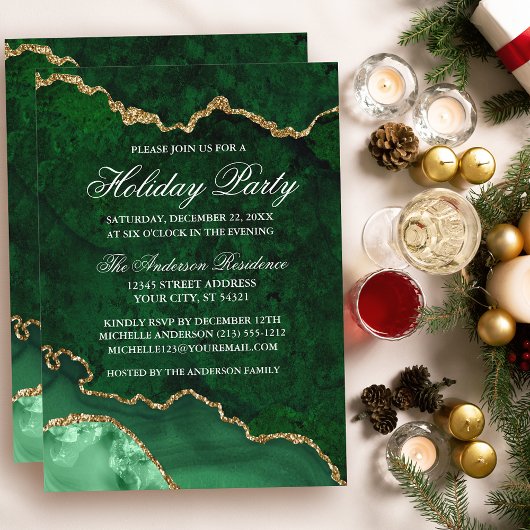 Waterverf Green Gold Marble Geode Holiday Party Kaart