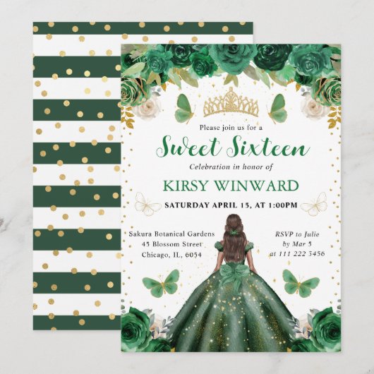 Waterverf Green & Gold Princess Sweet 16 Kaart (Voorkant / Achterkant)