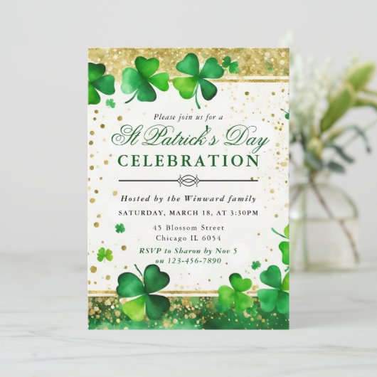 Waterverf Green & Gold Shamrock St Patrick's Day Kaart (Staand voorkant)