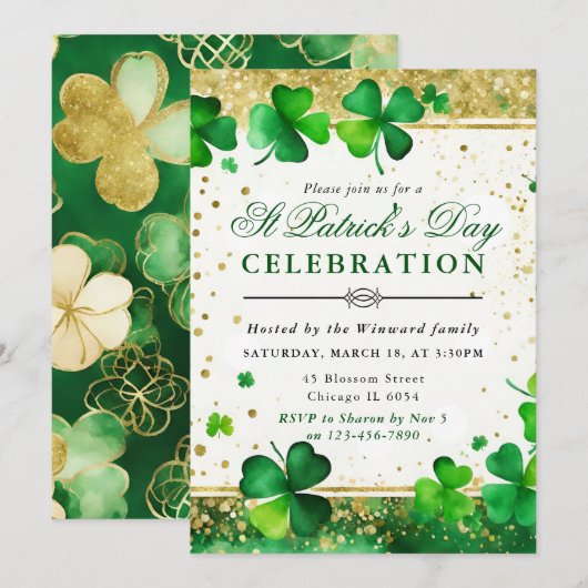 Waterverf Green & Gold Shamrock St Patrick's Day Kaart (Voorkant / Achterkant)